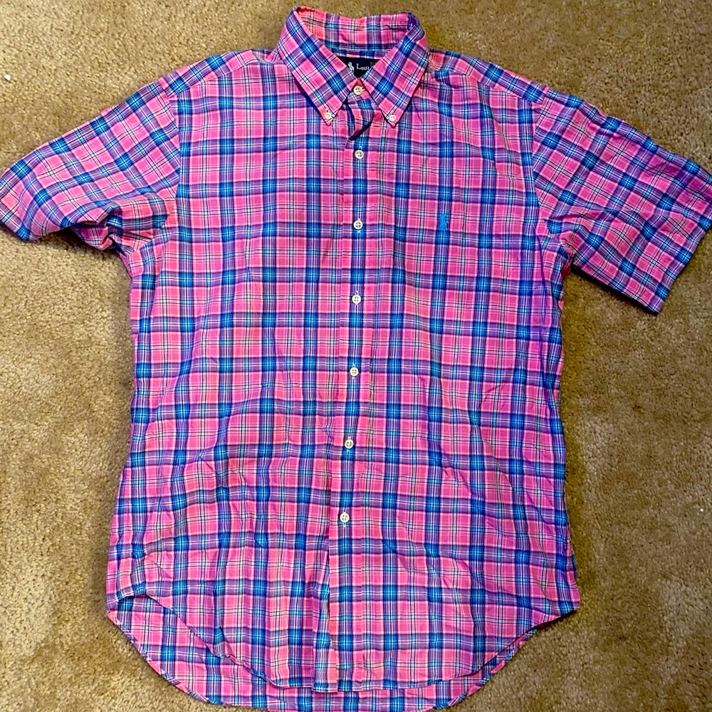 Pink blue plaid polo short sleeve button down